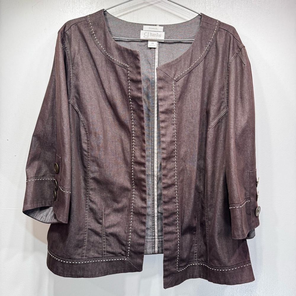 CJ Banks Brown Open Front Topper Jacket Beige Stitching Buttons on 3/4 Sleeves